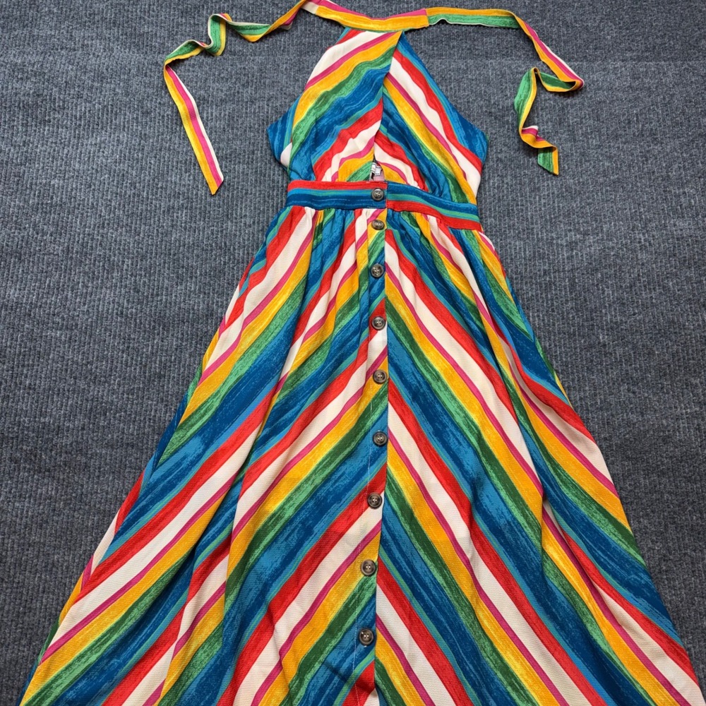 Rainbow Stripe Halter Dress Small Flying Tomato Boho Multicolor Summer Beachy